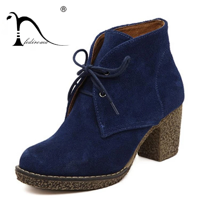 5 Colors Women Platform Ankle Boots Round Toe Lace-Up Winter Shoes Woman Genuine Leather Boots Ladies Autumn Boots Size 35-42