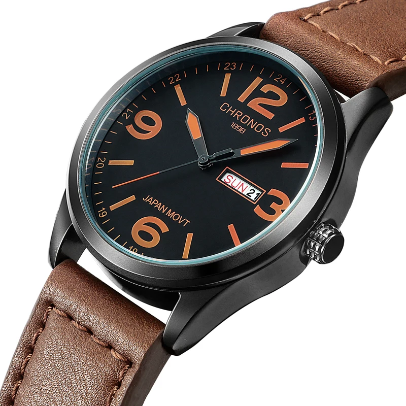 Мужские часы Chronos роскошные брендовые кварцевые наручные с кожаным ремешком
