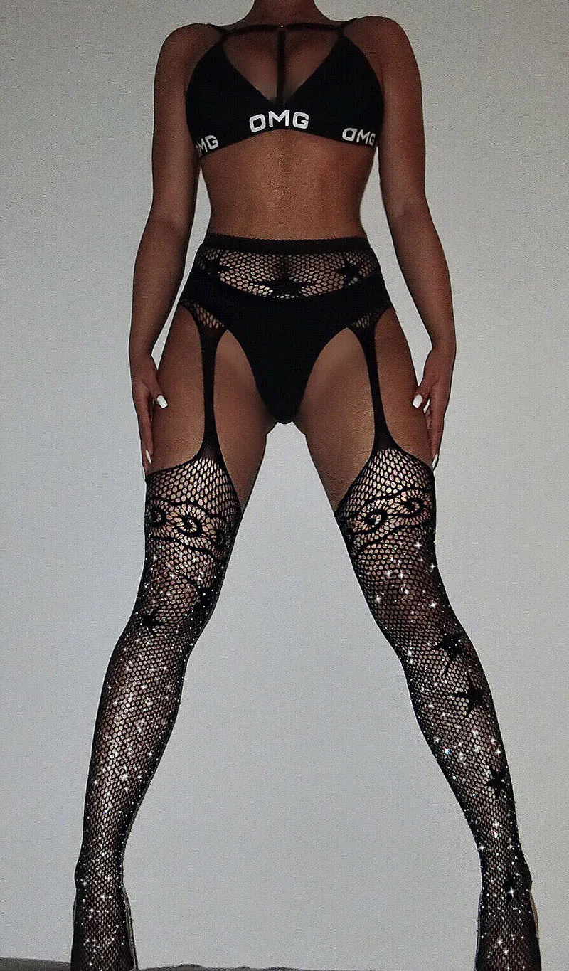 

Sexy Erotic Shinny Rainstone Crotchless Stockings Sheer Nylon Tempted Diamond open Crotch Stars bling pantyhose fishnet tights