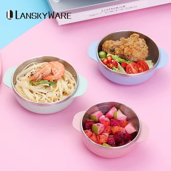 

LANSKYWARE Wheat Straw Kids Bowl Kitchen 304 Stainless Steel Soup Rice Salad Bowl For Children Picnic Fruit Food Container Box