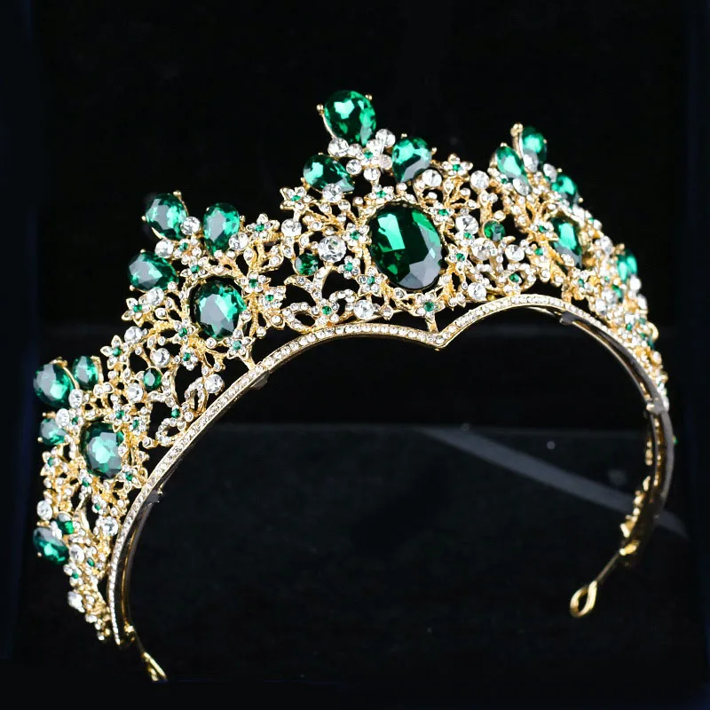 

New Hair Jewelry For Women Baroque Green Tiaras Crowns Gold Metal Tiara Crystal Rhinestones Diadem Wedding Hair Accessories