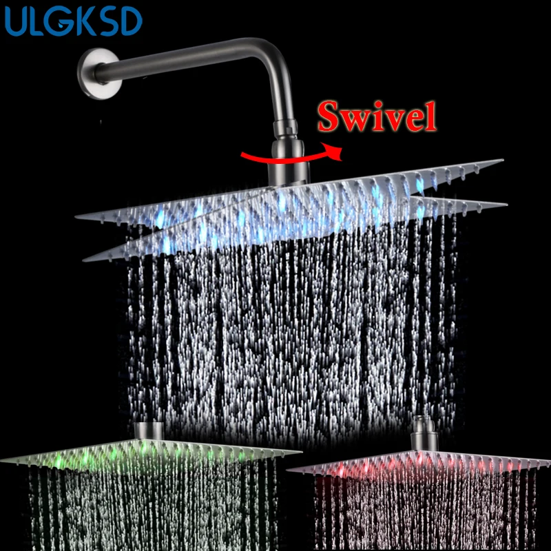 

ULGKSD Bathroom Shower Head 8''/10''12''/16'' LED Over Head Rotate 360 Degree Square Rainfall Shower Head Set