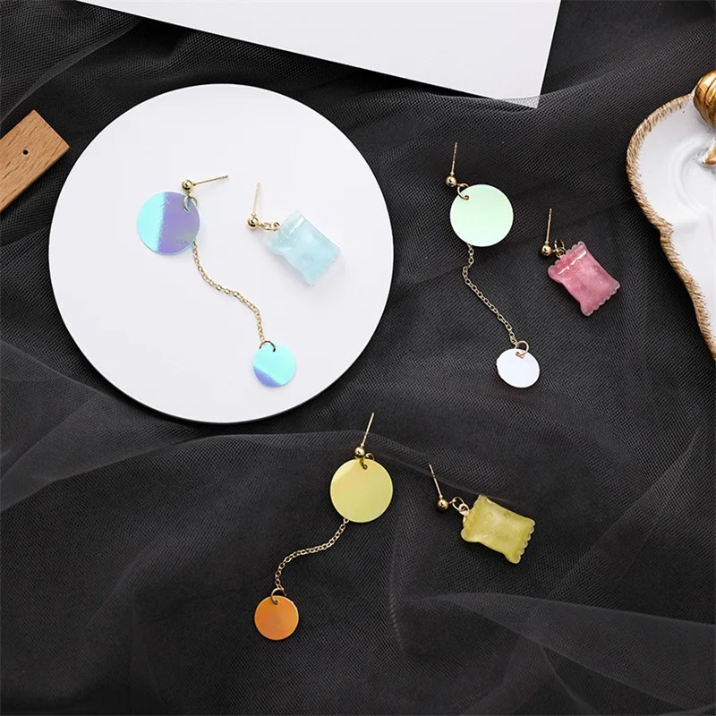 

Korean Sweet Cute Candy Color Geometric Square earrings Personality sequins tassel asymmetric earrings Women Summer Jewelry