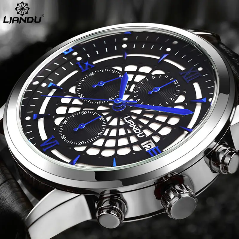 

LIANDU Men's Casual Quartz Watch Chronograph & Calendar Leather Strap Black Waterproof Popular Sports Wathches For Men