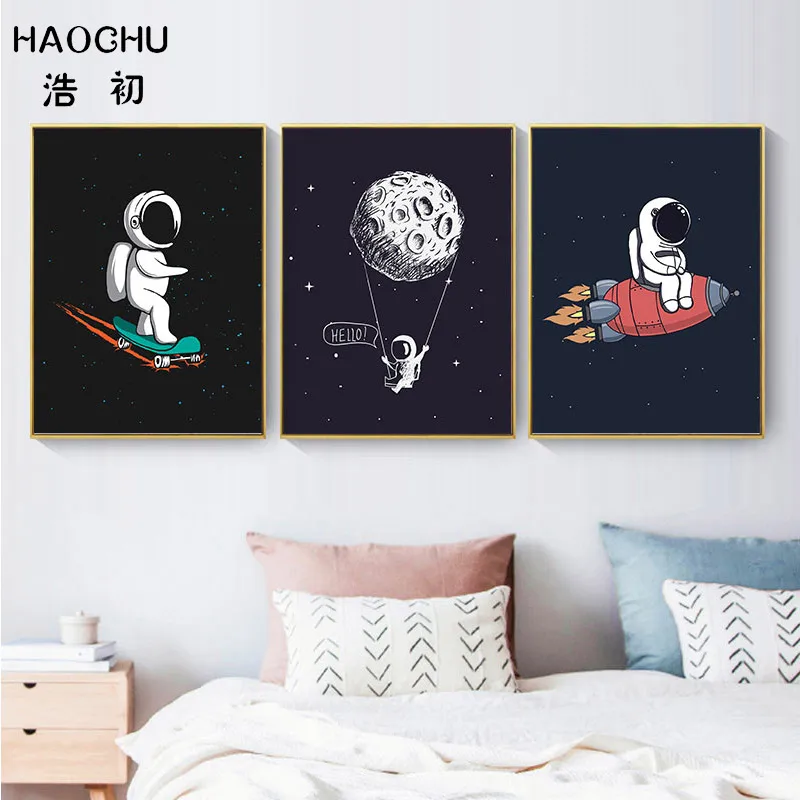 HAOCHU пространство сцена Moon украшения картина на черном холсте ракета Wall Art плакат