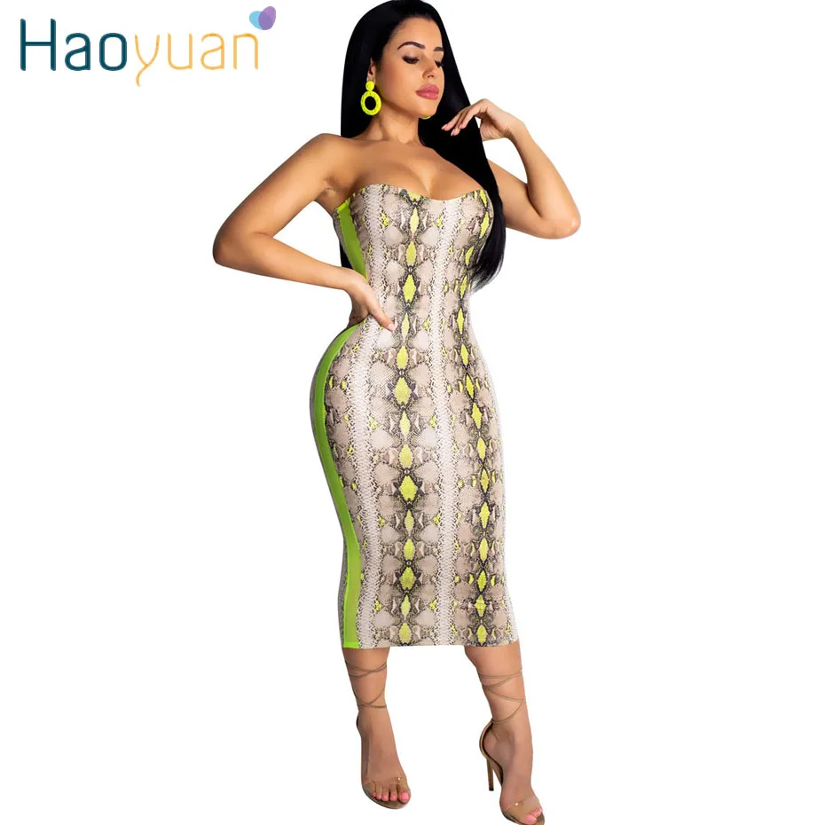 

HAOYUAN Neon Snake Print Sexy Dress Summer Clothes for Women Off Shoulder Wrap Bodycon Party Club Dress Snakeskin Midi Vestidos