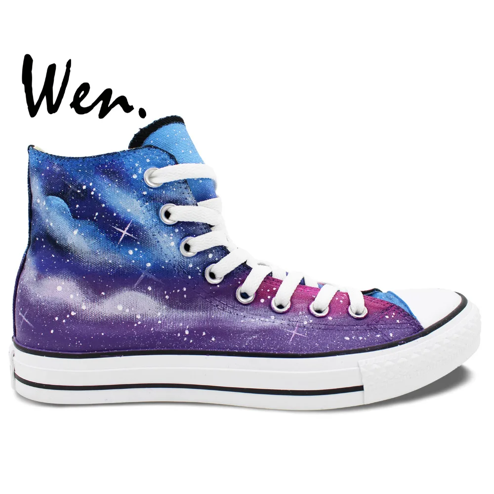 Вэнь Original ручная роспись парусиновая обувь Дизайн Пользовательские Galaxy темно-синий и фиолетовый Starlight высокие Для мужчин Для женщин холст кроссовки