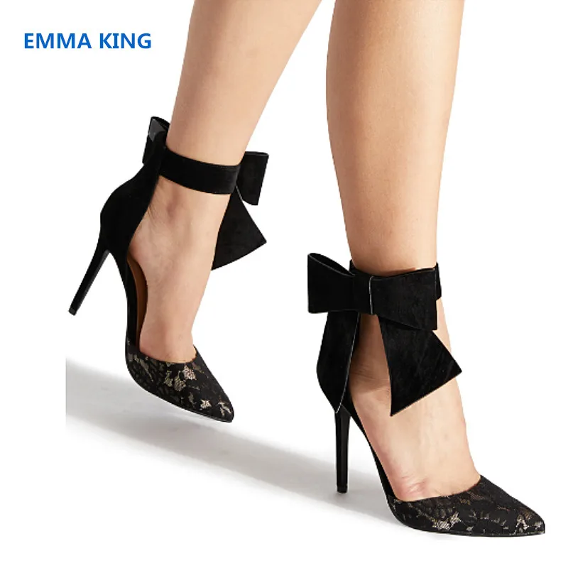 

New Spring Black Suede Lace Sexy Bow Pumps Women Pointed Toe Stilettos Fashion Sandals Side Buckle Ladies Dress High Heels Shoes