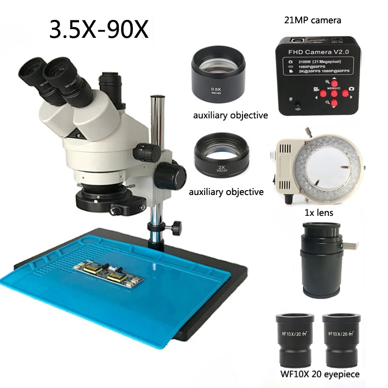

Simul-Focal three-dimensional stereo microscope 7-45X/3.5-90X+ 2K 21MP HDMI USB digital microscope camera + 56 Led ring light