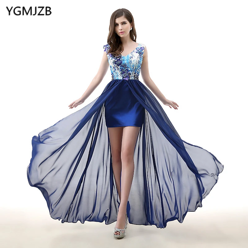 

Navy Blue Long Evening Dress Floral 2018 V Neck Lace Applique Flower High Low Chiffon Formal Party Gown Prom Dress