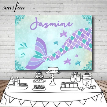 

Sensfun Girls Mermaid Birthday Party Backdrop For Photo Studio Custom Name Mint Theme Backgrounds Photocall 220x150cm