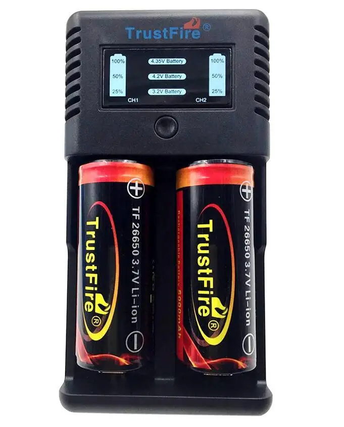 2шт TrustFire защищенные 26650 5000mAh 3,7 V перезаряжаемые батареи+ TrustFire TR-019 умный Быстрый 2 слота зарядное устройство