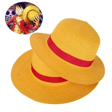 Chapéu de palha para meninos e meninas, chapéu liso luffy de pescoço, desenho animado japonês, adereços para crianças, tira vermelha chapéu de praia yf001