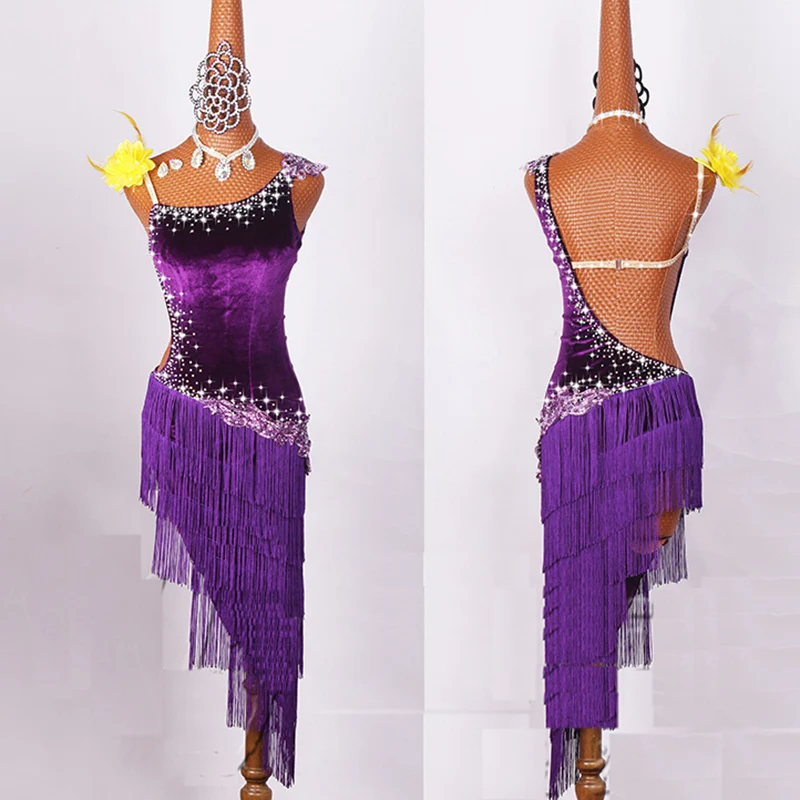 

2017 Women Latin Dancing Costumes Lycra Net Top Tassel Skirt Salsa Samba Rumba India Ladies Fringe Latin Dance Dress DW1074