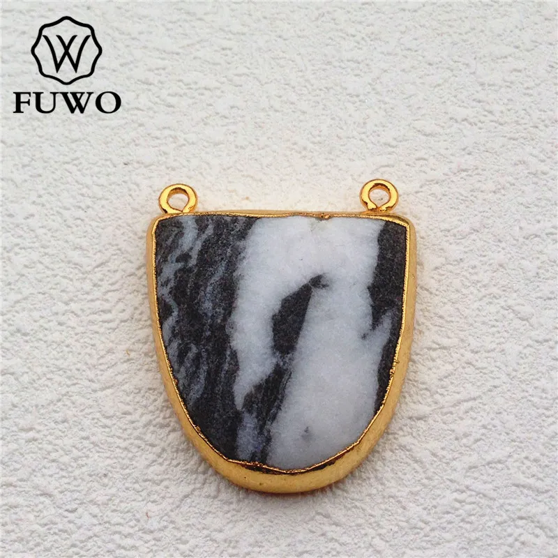FUWO Natural Zebra Stone Double Bail Pendant 24K Gold Electroplate