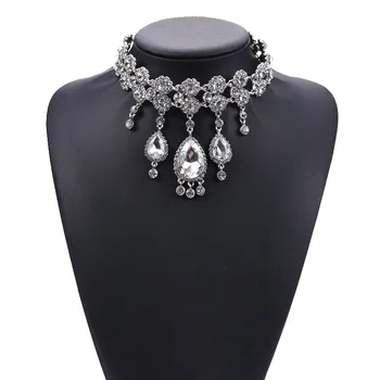

Silver Metal Wide Choker Necklace Statement Sexy Flower Big Crystal Stone Collar Choker Necklaces Women Modern short Pendant