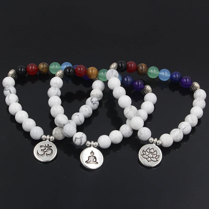 

New Design 7 Chakra Really Howlite Stone Bracelet Wrist Mala Beads Chakra Lotus Bracelet Yogi Gift Buddhist Healing Bracelet