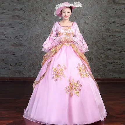 

100%real pink ruffled golden beading belle princess ball gown medieval dress Renaissance Victoria/Antoinette/ Belle Ball