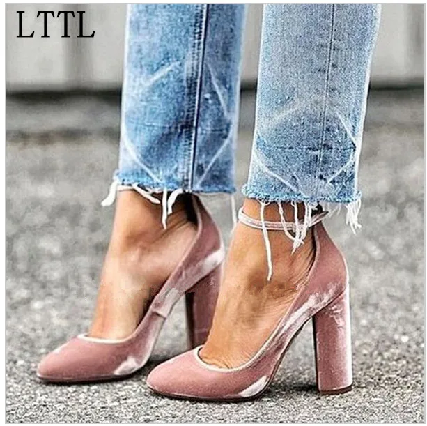 

Latest beautiful Lady Talons Sexy Pointed Toe Pumps Wine Red Pink Party Evening Shoes Woman Ankle Strap Velvet Block Heels Woman