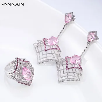 

VANAXIN Charms Jewelry Sets For Women Pink CZ High Quality Jewellery Earrings Rings Daily Life Gift Brass Earrings Wholesale CC