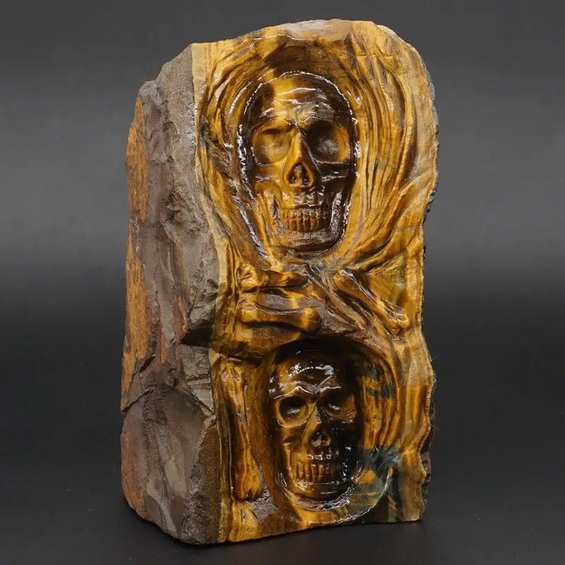 

5.4" Natural Gemstone Yellow Tiger Eye Carved Humam Skull Staue Materials Rock Specimen Home Decor
