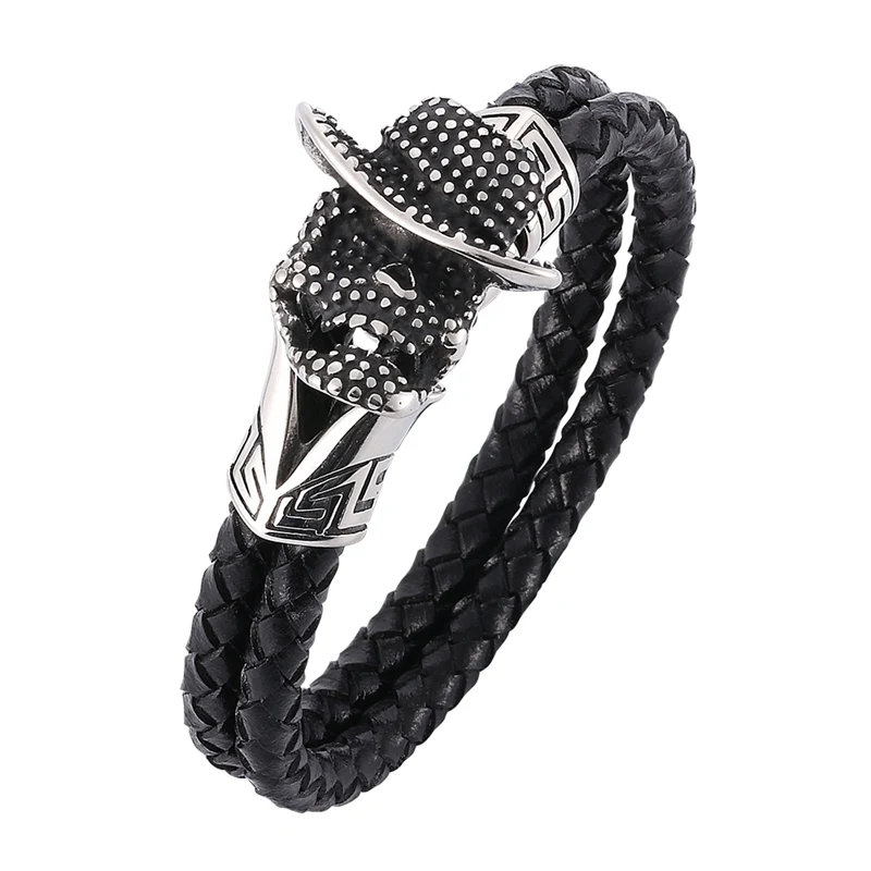 

Punk Men Jewelry Black Braided Leather Rope Male Bracelet for Man Stainless Steel Bangle Leather Cord Skull Wrist Band PW752