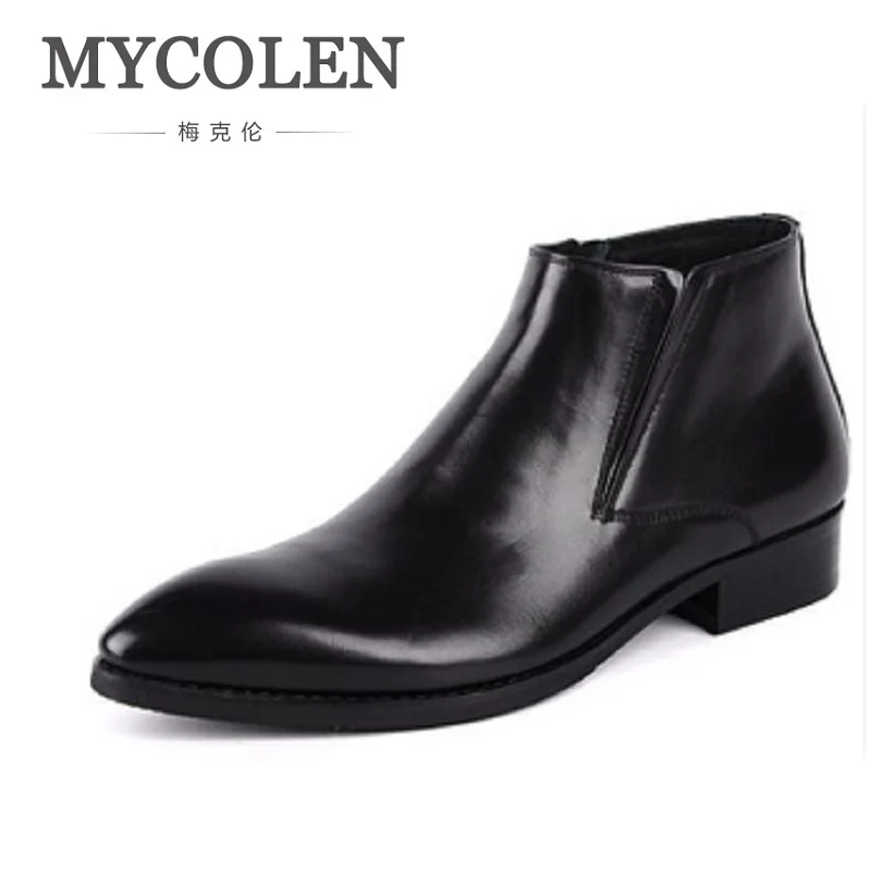 

MYCOLEN Autumn Winter Mens Genuine Leather Boots Pointed Toe Zipper Ankle Boots Height Increase Career Men Chelsea Boots Shoes