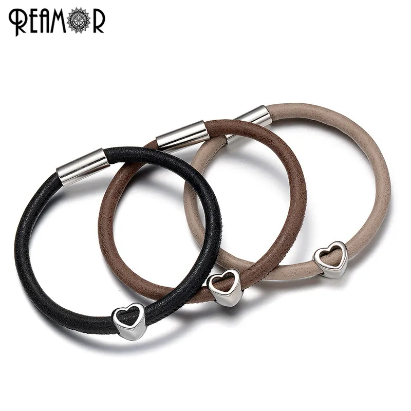 

REAMOR Trendy Charms Bracelet 316L Stainless Steel Hollow Heart 5mm Leather Rope Bracelets Women with Magnet Clasp Jewelry
