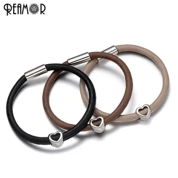 

REAMOR Trendy Charms Bracelet 316L Stainless Steel Hollow Heart 5mm Leather Rope Bracelets Women with Magnet Clasp Jewelry