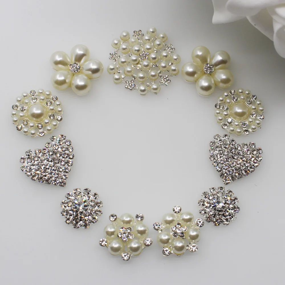  Fashion 11pc mixed size alloy pearl rhinestone combination button Flatback crystal brooch invitatio
