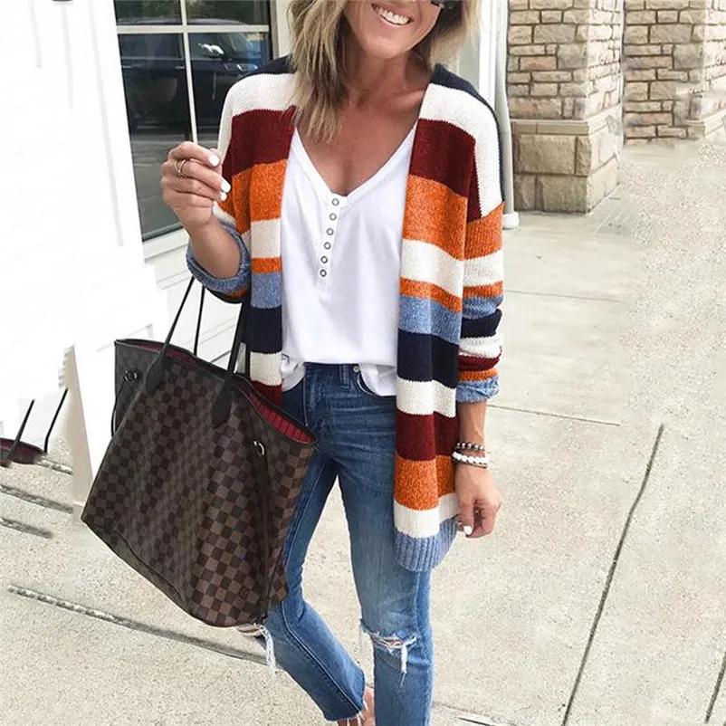 Fashion coats and jackets women winter ladies coats Winter Blouse Patchwork Rainbow Stripes Long Sleeve Cardigan Coat O24#N (6)