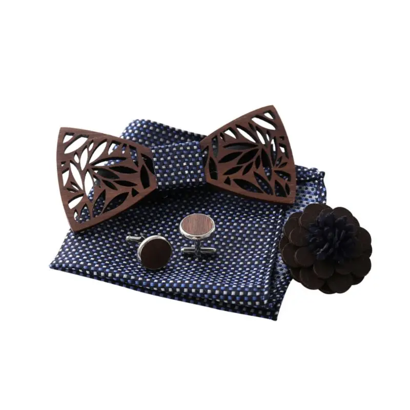  Novelty Wooden Bow Tie Handkerchief Set Corsage Men Bowtie Black Walnut Cherry Wood Hollow Carved T