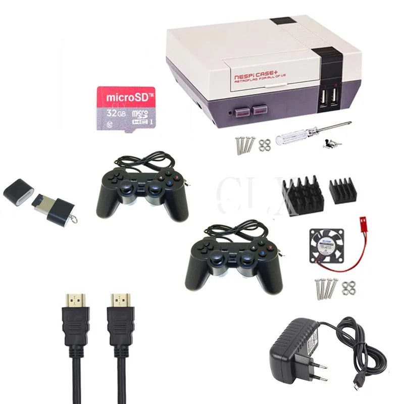  NESPI Case+Plus Retroflag Kit with Fan + 2 pcs Game Controllers+heatsink+32GB card+HDMI+power for R