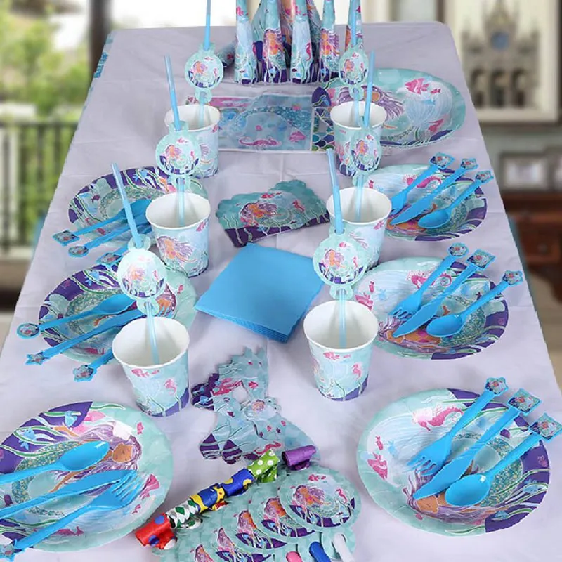 Tropical Mermaid Party Decor Balloon Plate Cup Banner Kids Happy