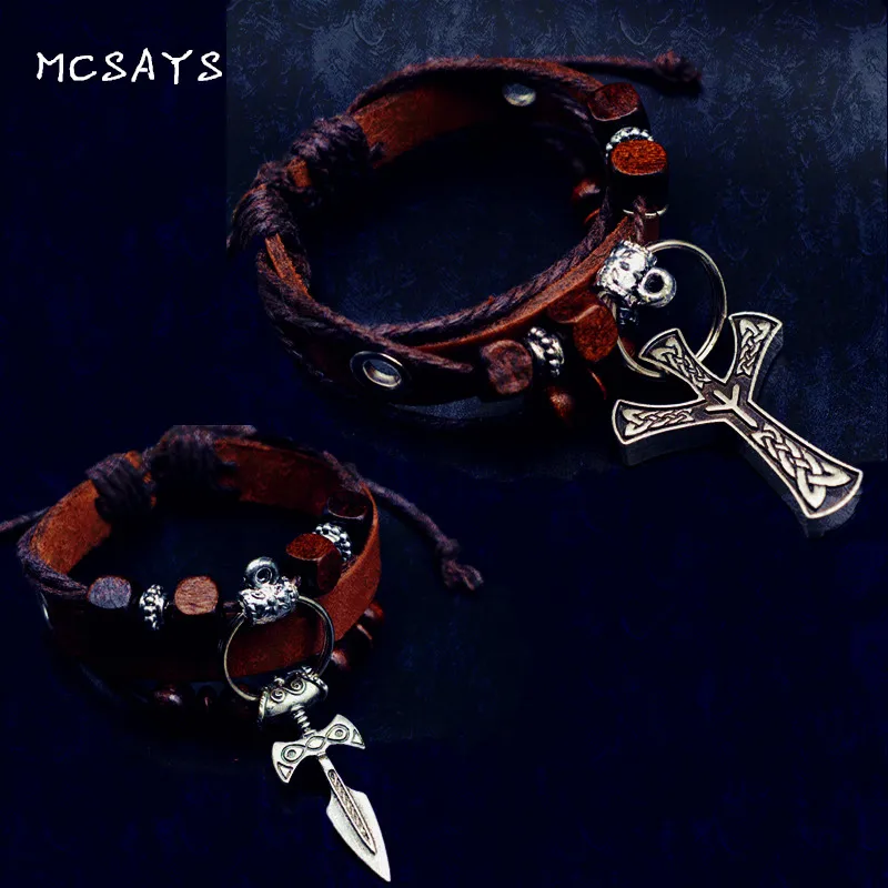 

MCSAYS Norse Viking Jewelry Viking Rune Sword Pendant Multi-layer Rope Leather Bracelet Adjustable Mens Bangle Ethnic Gift 4YS