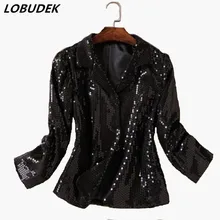 Стиль ночной клуб, сценические костюмы женские черные блестки ткань короткая куртка мода тонкий пальто наряд певица танцор шоу бар