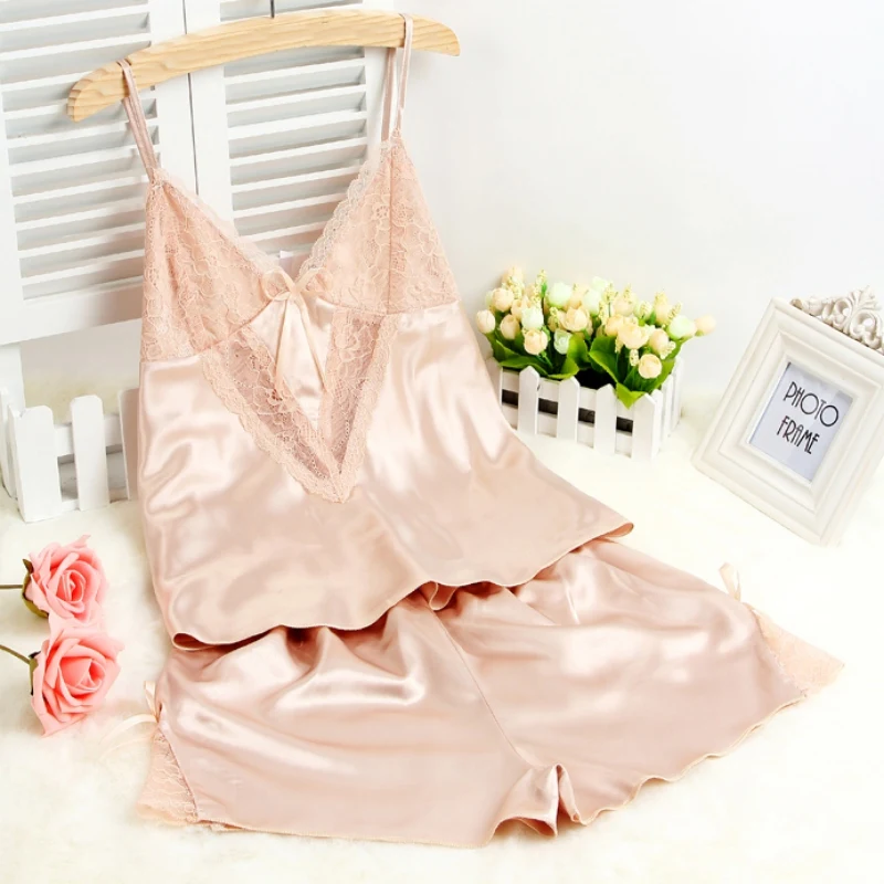 

Silk Pajamas Sexy Summer Pajamas for Women Femme Adult Minion Pajamas Sleepwear Deep V Sleeveless Suspenders Lingerie Set