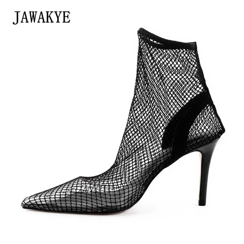 2018 Black Mesh Sexy Sock Boots Women Summer PVC Pointed Toe High Heels Transparent Shoes Woman Gladiator Sandals