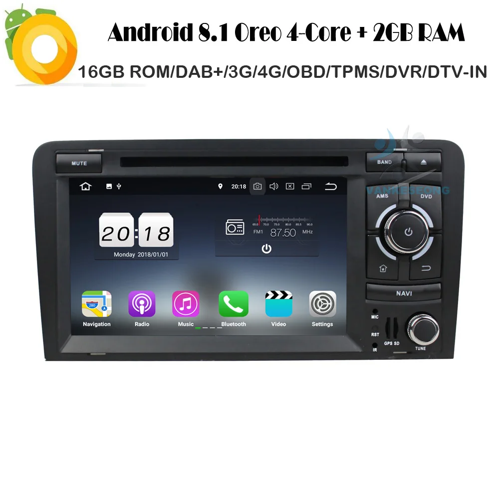 Perfect 7" Android 8.1 Quad Core Car Multimedia player 2 Din Car DVD Radio Bluetooth MP3 Player For AUDI A3 2006 2007 2008 2009 -2013 0