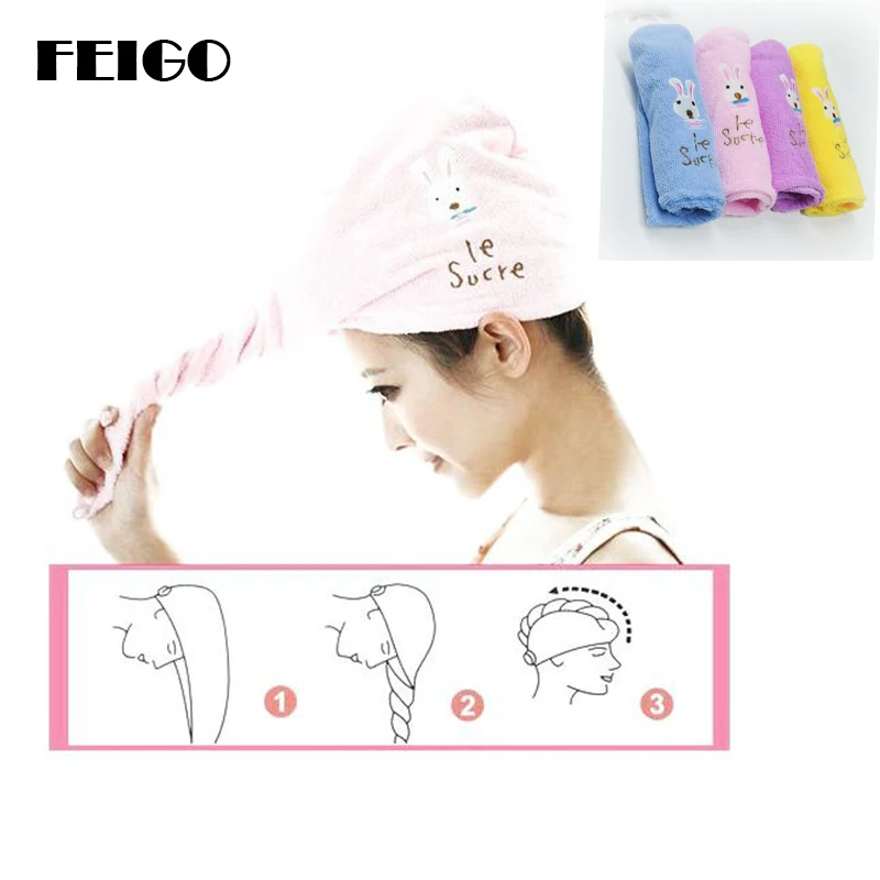

FEIGO 3 Colors Microfiber Quickly Dry Hair Hat Strong Water Absorption Rabbit Ladies Fast Drying Towel Bathroom Supplies F72
