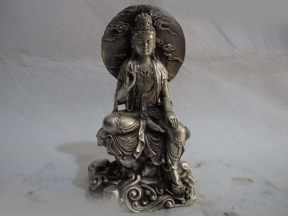 

China White Copper Silver Buddhism Sit Free Bodhisattva Kwan-Yin GuanYin Statue SD 506