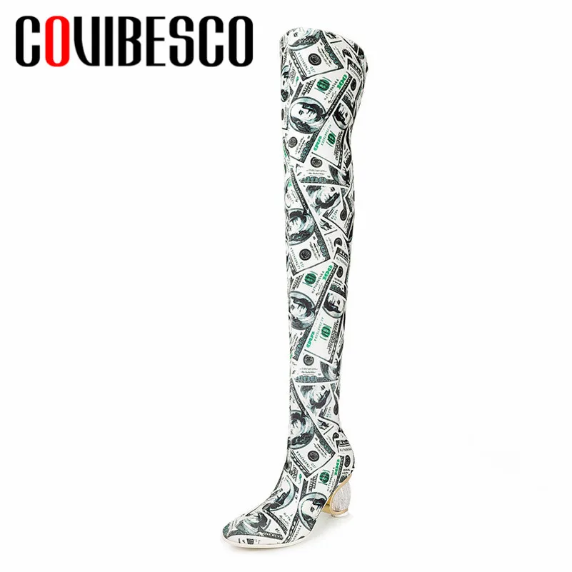 

COVIBESCO 2019 Fashion Women Flock Over The Knee High Boots Print Round Toe Boots Strange Heels Warm Autumn Winter Dancing Shoes