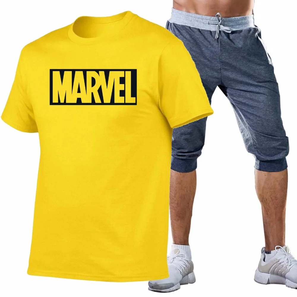

Summer New Marvel Casual Short Sleeve T-shirt+Shorts Men Superhero Fashion print T shirt comic Marvel tshirt men Motion suit