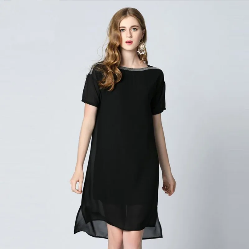 Summer new irregular short sleeved chiffon dress Beaded A line dress