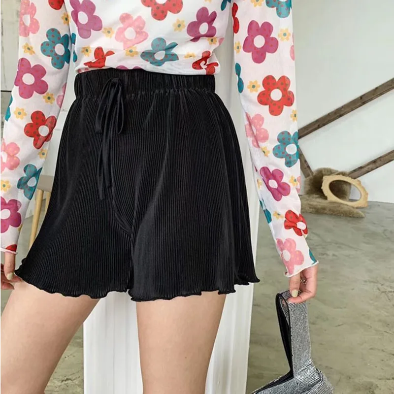 

2019 Women Summer Beach Casual Pleated Short Pants Drawstring Fashion High Waist Solid Color Shorts Female Wide Leg Shorts