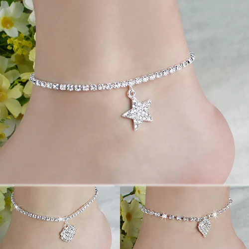 Multi-pattern Crystal Anklets for Female, Wedding Sandal, Beach Star, Crystal Chain Foot Jewelry, Wholesale Fashion, 2024