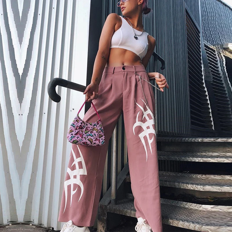 

Solid Flame Print Pants Women Fashion Streetwear High Waist Wide Leg Pants For Ladies Harajuku Punk Hip Hop Loose Black Trousers