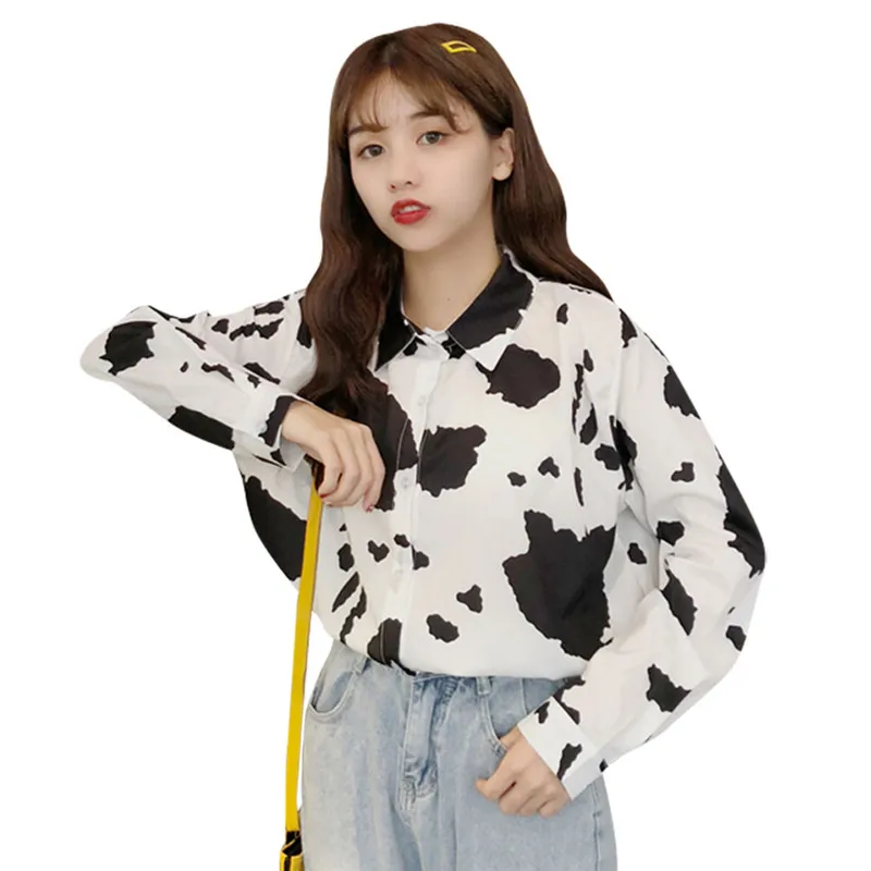 Lychee Girls Dairy Cow Print Sun-proof Casual Blouse Shirt Turn-down Collar Single Breasted Pocket Blouse Autumn Female Shirt