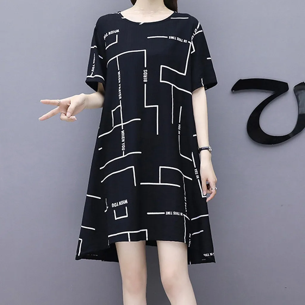 2019 Fashion Womens Plus Size Casual Beauty Daily Loose O-neck Short Sleeve Printing Round Collar Dress Vestidos De Verano 50 | Женская