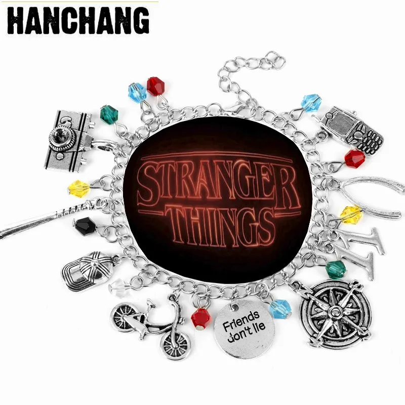 

Women Charm Bracelet Stranger Thing Camera Motorcycle Phone Bangle Bracelet Vintage Friend's Don't Lie Wristband Accessories